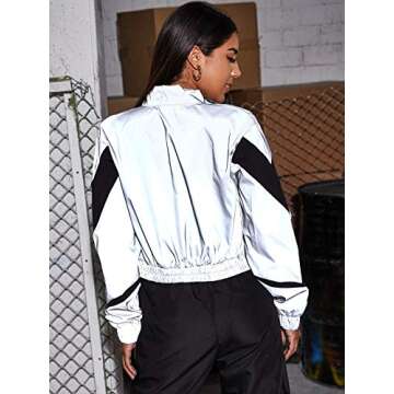 Floerns Women's Long Sleeve Lightweight Crop Bomber Jacket Silver and Black XS