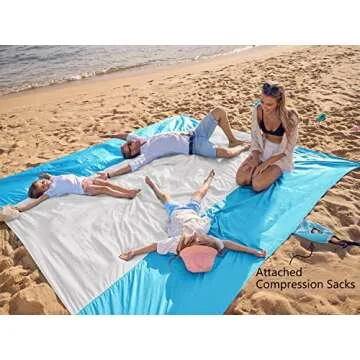 WEKAPO Beach Blanket Sandproof, Extra Large Beach Mat, Big & Compact Sand Free Mat Quick Drying, Lightweight & Durable with 6 Stakes & 4 Corner Pockets (White, 9x10 FT (1～8 Person))