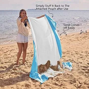 WEKAPO Beach Blanket Sandproof, Extra Large Beach Mat, Big & Compact Sand Free Mat Quick Drying, Lightweight & Durable with 6 Stakes & 4 Corner Pockets (White, 9x10 FT (1～8 Person))