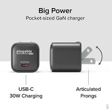 Plugable GaN USB C Charger Block, 30W Portable Charger, Foldable Prongs, PPS Fast Charger for iPhone...
