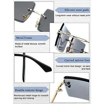 Frienda 4 Pairs Rimless Rectangle Sunglasses Frameless Square Glasses Vintage Transparent Eyewear for Women Men (Classic Colors,Metal Frame)