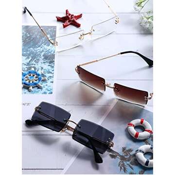Frienda 4 Pairs Rimless Rectangle Sunglasses Frameless Square Glasses Vintage Transparent Eyewear for Women Men (Classic Colors,Metal Frame)