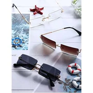 Frienda 4 Pairs Rimless Rectangle Sunglasses Frameless Square Glasses Vintage Transparent Eyewear for Women Men (Classic Colors,Metal Frame)