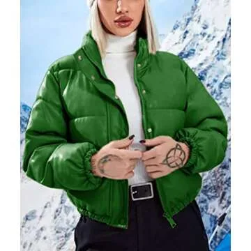 Tanming Womens Faux Leather Puffer Jacket Winter Long Sleeve Black Short Bubble Coat (Green-S)
