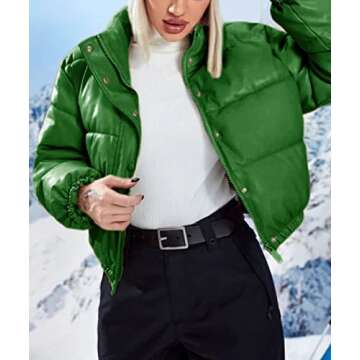 Tanming Womens Faux Leather Puffer Jacket Winter Long Sleeve Black Short Bubble Coat (Green-S)