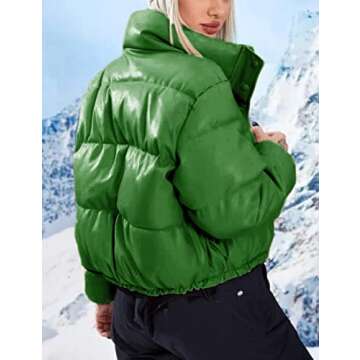 Tanming Womens Faux Leather Puffer Jacket Winter Long Sleeve Black Short Bubble Coat (Green-S)
