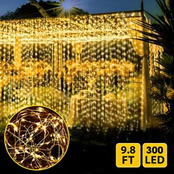MESHA Christmas Curtain Lights for Bedroom, 9.8 X 9.8ft Warm Fairy Lights Indoor, 8 Modes String Lig...
