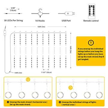 MESHA Christmas Curtain Lights for Bedroom, 9.8 X 9.8ft Warm Fairy Lights Indoor, 8 Modes String Lights with Remote, USB Twinkle Lights Outdoor Hanging Lights Indoor for Bedroom,Wedding,Party 300LED