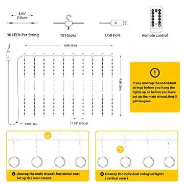 MESHA Christmas Curtain Lights for Bedroom, 9.8 X 9.8ft Warm Fairy Lights Indoor, 8 Modes String Lights with Remote, USB Twinkle Lights Outdoor Hanging Lights Indoor for Bedroom,Wedding,Party 300LED