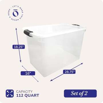 HOMZ 2-Pack Latching Lid, Large Clear Plastic Storage Bins w/ Lids, 112 Quart, Gray Latch