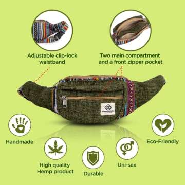 Freakmandu Eco-Friendly Green Boho Hippie Style Hemp Fanny Pack Cross Body Hip Waist Bag for Hiking ...