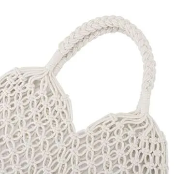 Ayliss Handmade Straw Bag Travel Beach Fishing Net Handbag Shopping Woven Shoulder Bag for Women(White)