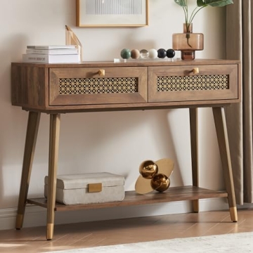 Stylish JYED Mid Century Console Table, Narrow with 2 Drawers & Open Shelf