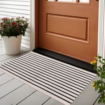 LEEVAN Black and White Striped Rug Doormat 24"x35" Washable Front Porch Rug Farmhouse Layered Door M...