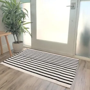 LEEVAN Washable Black and White Striped Doormat Rug