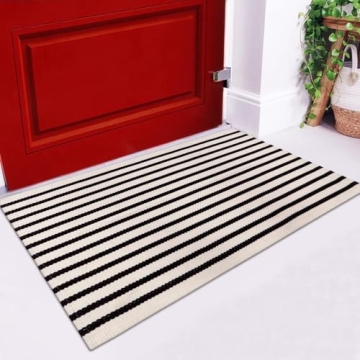 LEEVAN Washable Black and White Striped Doormat Rug