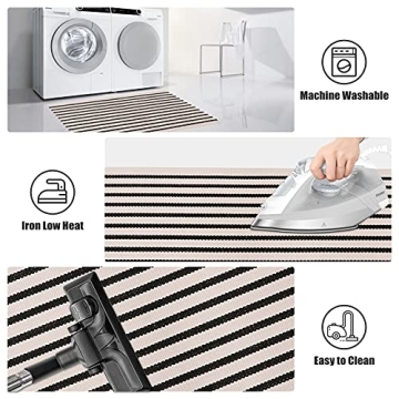 LEEVAN Washable Black and White Striped Doormat Rug