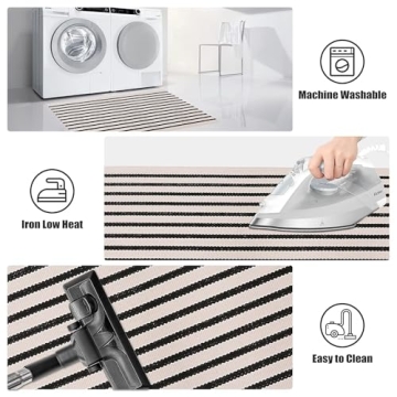 LEEVAN Washable Black and White Striped Doormat Rug