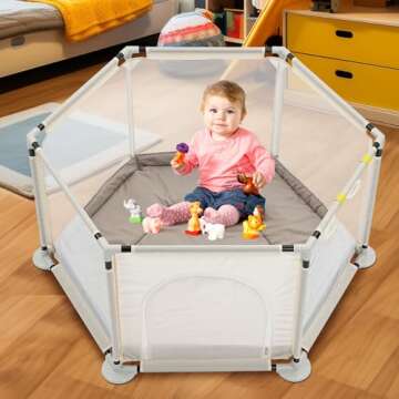 ZENOVA Hexagonal Baby Playpen with Mat for Toddlers - Safe Indoor Play Yard with Carry Bag