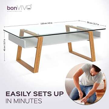 bonVIVO Modern Glass Coffee Table - Elegant Centerpiece for Living Room Decor with Tempered Glass To...