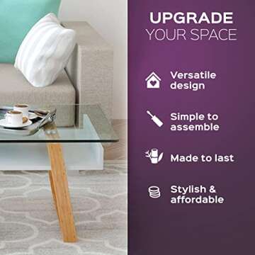 bonVIVO Modern Glass Coffee Table - Elegant Centerpiece for Living Room Decor with Tempered Glass Top, Sleek Design as A Gift for Home or Office Use, White