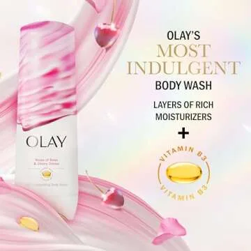 Olay Body Wash Indulgent Moisture for Women, Infused with Vitamin B3, 24hr Moisture, Notes of Rose and Cherry Creme Scent, 20 fl oz