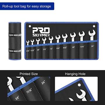 Prostormer Stubby Reversible Ratcheting Wrench Set, 10-Piece 5/16" to 3/4" SAE 72-Teeth Box End and Open End Combination Wrench Kit with Rolling Pouch, CR-V Constructed