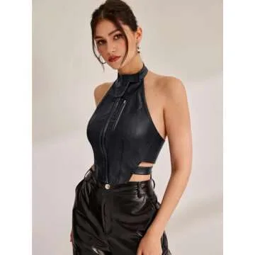 REORIA Women's Summer Sexy Halter Neck Zipper Open Back Y2K Trendy Going Out Backless Faux Leather Tank Crop Tops Black Small