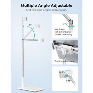 Viozon Tablet Floor Stand-Flexible Long Arm Tablet&Phone Holder,360° Angle Adjustable, Aluminum Alloy, Bedside,Sofaside,Table,Desk,Compatible with iPad,Kindle, iPhone 16 15 Plus/Pro Max (3.5''-11'')