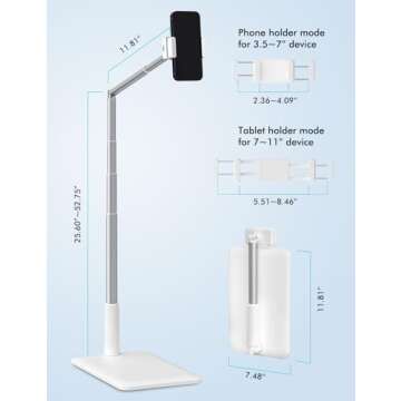 Viozon Tablet Floor Stand-Flexible Long Arm Tablet&Phone Holder,360° Angle Adjustable, Aluminum Alloy, Bedside,Sofaside,Table,Desk,Compatible with iPad,Kindle, iPhone 16 15 Plus/Pro Max (3.5''-11'')