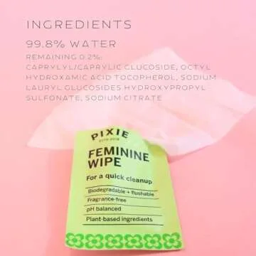 Pixie Feminine Wipes - Flushable, Biodegradable, & Ph Balanced - Best Individually Wrapped Packet Wipes for On The Go & Public Bathrooms - Wash, & Cleaner For Your Menstrual Cups & Discs (20 Count)
