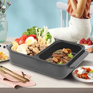 SNKOURIN Hot Pot with Grill,2 in 1 Indoor Non-Stick Electric Hot Pot and Frying Pan,Independent Temperature Control,Portable Multifunctional Smokeless Korean BBQ Grill for 1-2 People (Black)