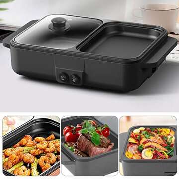 SNKOURIN Hot Pot with Grill,2 in 1 Indoor Non-Stick Electric Hot Pot and Frying Pan,Independent Temperature Control,Portable Multifunctional Smokeless Korean BBQ Grill for 1-2 People (Black)