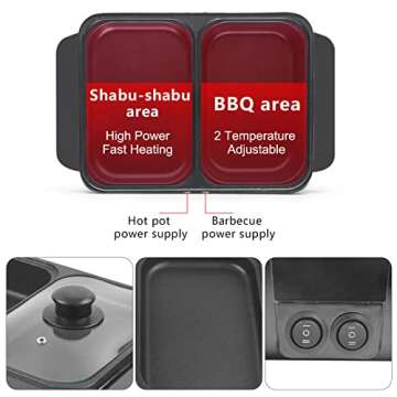 SNKOURIN Hot Pot with Grill,2 in 1 Indoor Non-Stick Electric Hot Pot and Frying Pan,Independent Temperature Control,Portable Multifunctional Smokeless Korean BBQ Grill for 1-2 People (Black)