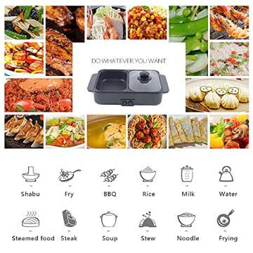 SNKOURIN Hot Pot with Grill,2 in 1 Indoor Non-Stick Electric Hot Pot and Frying Pan,Independent Temperature Control,Portable Multifunctional Smokeless Korean BBQ Grill for 1-2 People (Black)