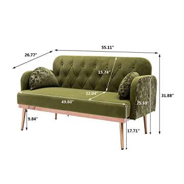55-inch Small Velvet Couch with Elegant Moon Shape Pillows, Twin Size Loveseat Accent Sofa with Golden Metal Legs, Living Room Sofa with Tufted Backrest, 600 Pounds Weight Capacity, Green