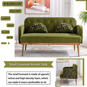 55-inch Small Velvet Couch with Elegant Moon Shape Pillows, Twin Size Loveseat Accent Sofa with Golden Metal Legs, Living Room Sofa with Tufted Backrest, 600 Pounds Weight Capacity, Green