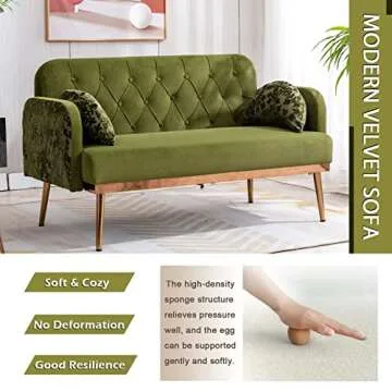 55-inch Small Velvet Couch with Elegant Moon Shape Pillows, Twin Size Loveseat Accent Sofa with Golden Metal Legs, Living Room Sofa with Tufted Backrest, 600 Pounds Weight Capacity, Green