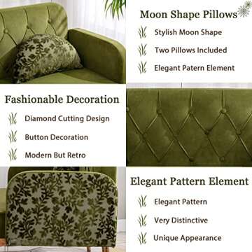 55-inch Small Velvet Couch with Elegant Moon Shape Pillows, Twin Size Loveseat Accent Sofa with Golden Metal Legs, Living Room Sofa with Tufted Backrest, 600 Pounds Weight Capacity, Green
