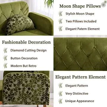 55-inch Small Velvet Couch with Elegant Moon Shape Pillows, Twin Size Loveseat Accent Sofa with Golden Metal Legs, Living Room Sofa with Tufted Backrest, 600 Pounds Weight Capacity, Green