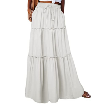 Happy Sailed Womens Retro Boho High Waist Elastic Waist A Line Flowy Long Maxi Beach Skirts with Poc...