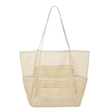 Tainehs Mesh Beach Tote Large Bag 2024 Upgrade for Women with Multiple Pockets for Beach Picnic Vaca...