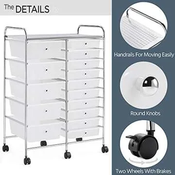 Yaheetech 15 Drawers Rolling Storage Cart Multipurpose Mobile Rolling Utility Storage Organizer Cart Tools Scrapbook Paper Organizer on Wheels, White