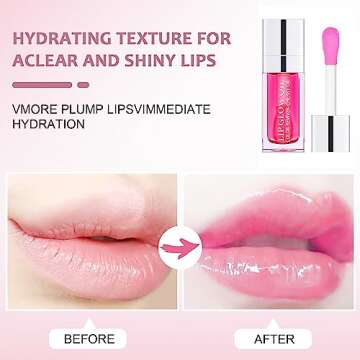 REWLKP Hydrating Lip Glow Oil, Plumping Lip Gloss, No-Sticky Transparent Moisturizing Lip Balm, Natural Lip Plumper Gloss Make Lips Fuller and Moisturizing - Raspberry