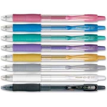 Pilot, G2 Metallics Gel Roller Pens, Fine Point 0.7 mm, Assorted Colors, Pack of 8