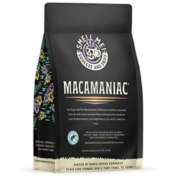 Bones Coffee Company Macamaniac Flavored Coffee Beans, Whole Bean Coffee Medium Roast Low Acid, Macadamia and Coconut Flavor (12 oz)