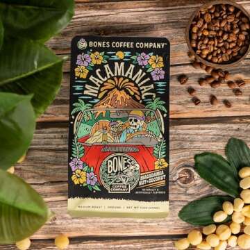 Bones Coffee Company Macamaniac Flavored Coffee Beans, Whole Bean Coffee Medium Roast Low Acid, Macadamia and Coconut Flavor (12 oz)