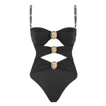 SherryDC Women's Cutout One Piece Swimsuit Bandeau Ruched Color Block High Waisted Bathing Suit with Removable Straps