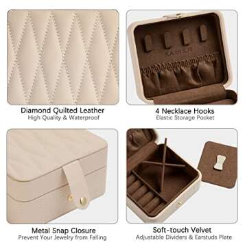 KAMIER Travel Jewelry Case, Diamond Quilted Leather Portable Jewelry Boxes for Women Girls Gift, Small Jewelry Box Organizer for Necklaces, Bracelet, Earrings, Rings (Beige)