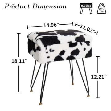 Leesingdo Vanity Stool Chair, Faux Fur Ottoman Foot Stool with Metal Legs & Adjustable Black Feet, F...